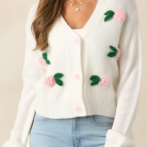 3D Flower Buttoned Knit Cardigan
